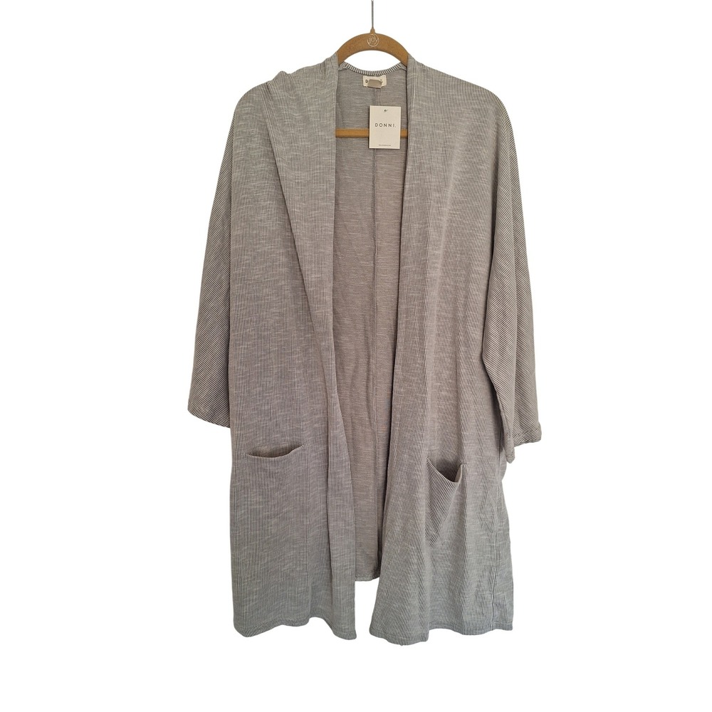 DONNI Ribbed Open Front Cardigan Grey White Striped OSFA Plus New With Tags